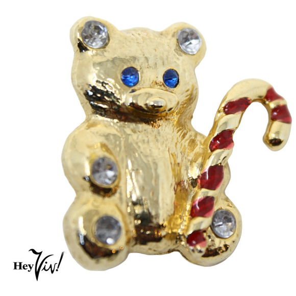 Vintage Christmas Holiday Teddy Bear Pin Brooch Gold w Red Enamel 1.5" - Hey Viv - Picture 1 of 7